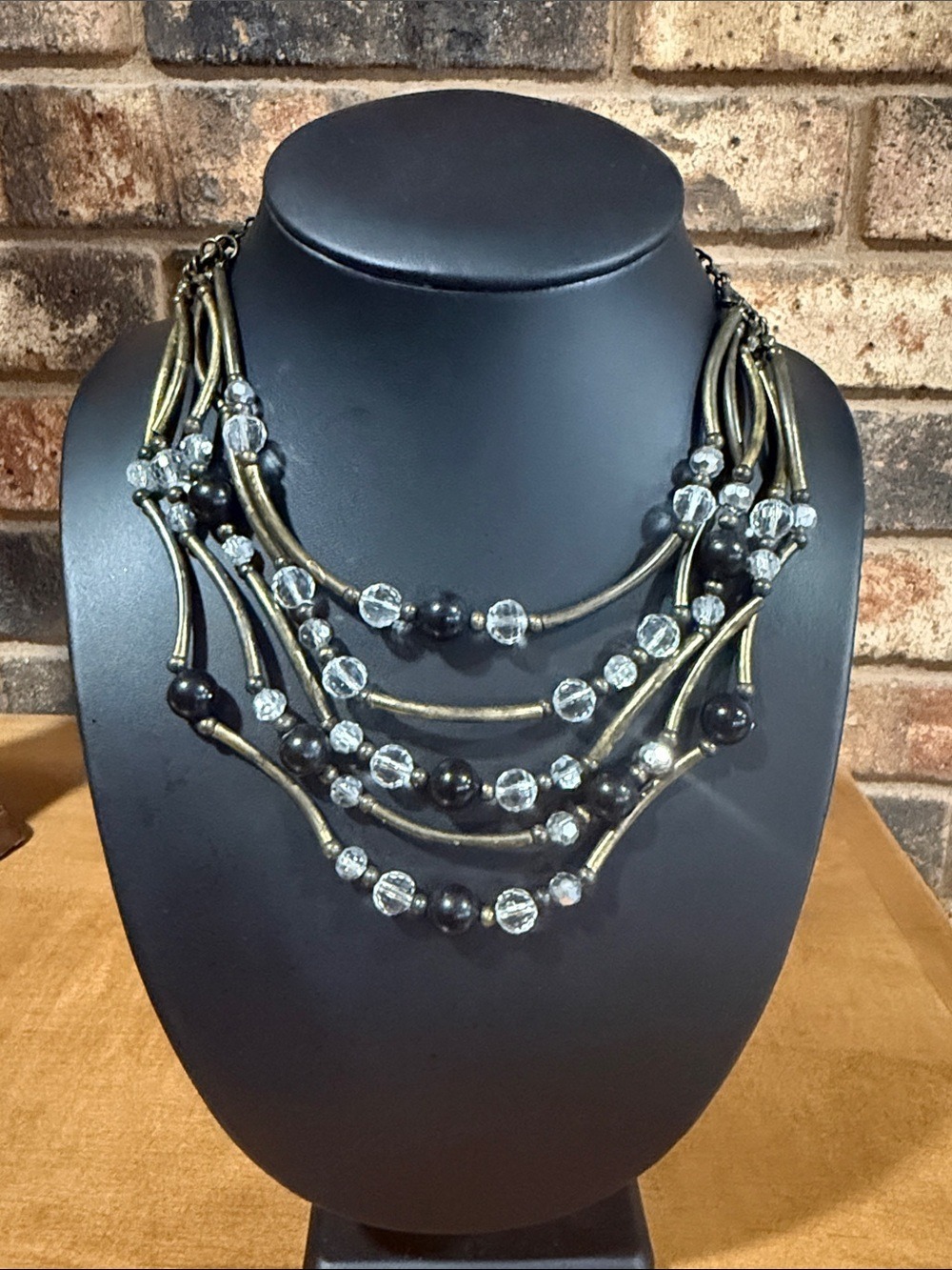 Cookie Lee 5 strand Black Clear & Bronze tube beaded necklace